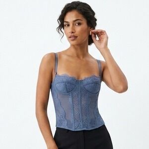 Raxnode Blue Lace Corset Top Sheer Mesh Bustier Underwire Hook Eye Back Small